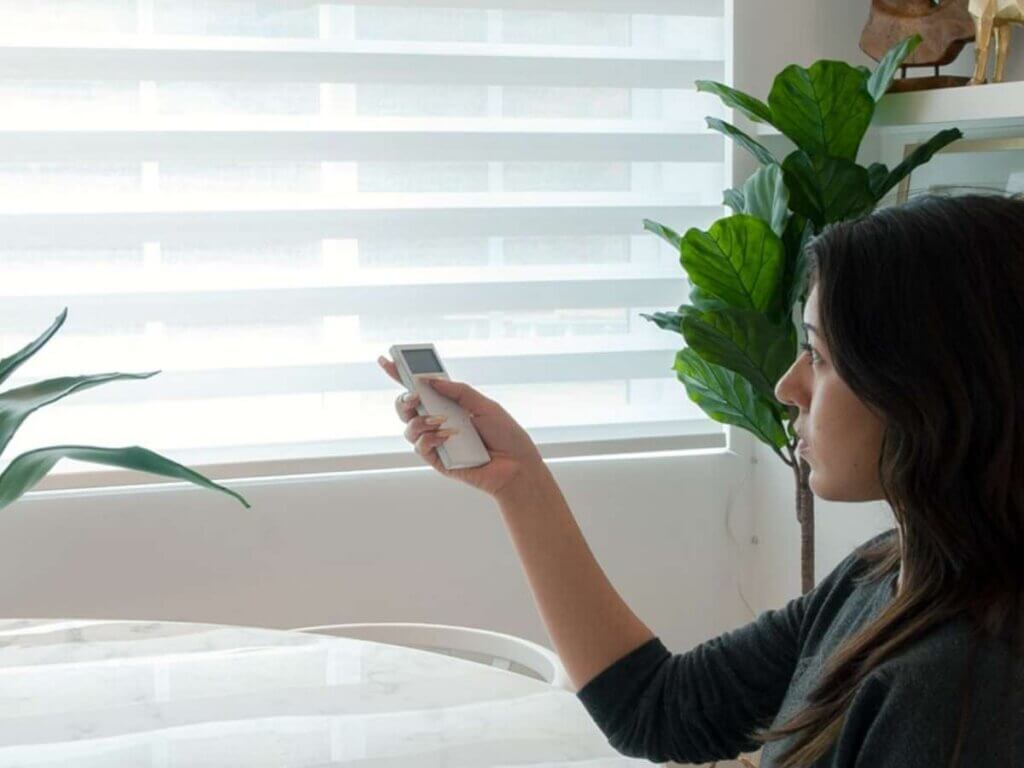 norman motorized shades with a woman controlling